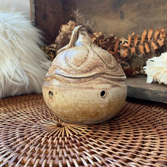 Handmade Artisan Signed ( ASHER ) Ceramic Stoneware Lidded Garlic Keeper - Picture 1 of 6